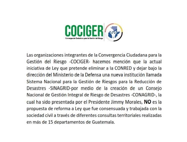 Comunicado de prensa en relación a Iniciativa de Ley 5543 Reforma Ley CONRED